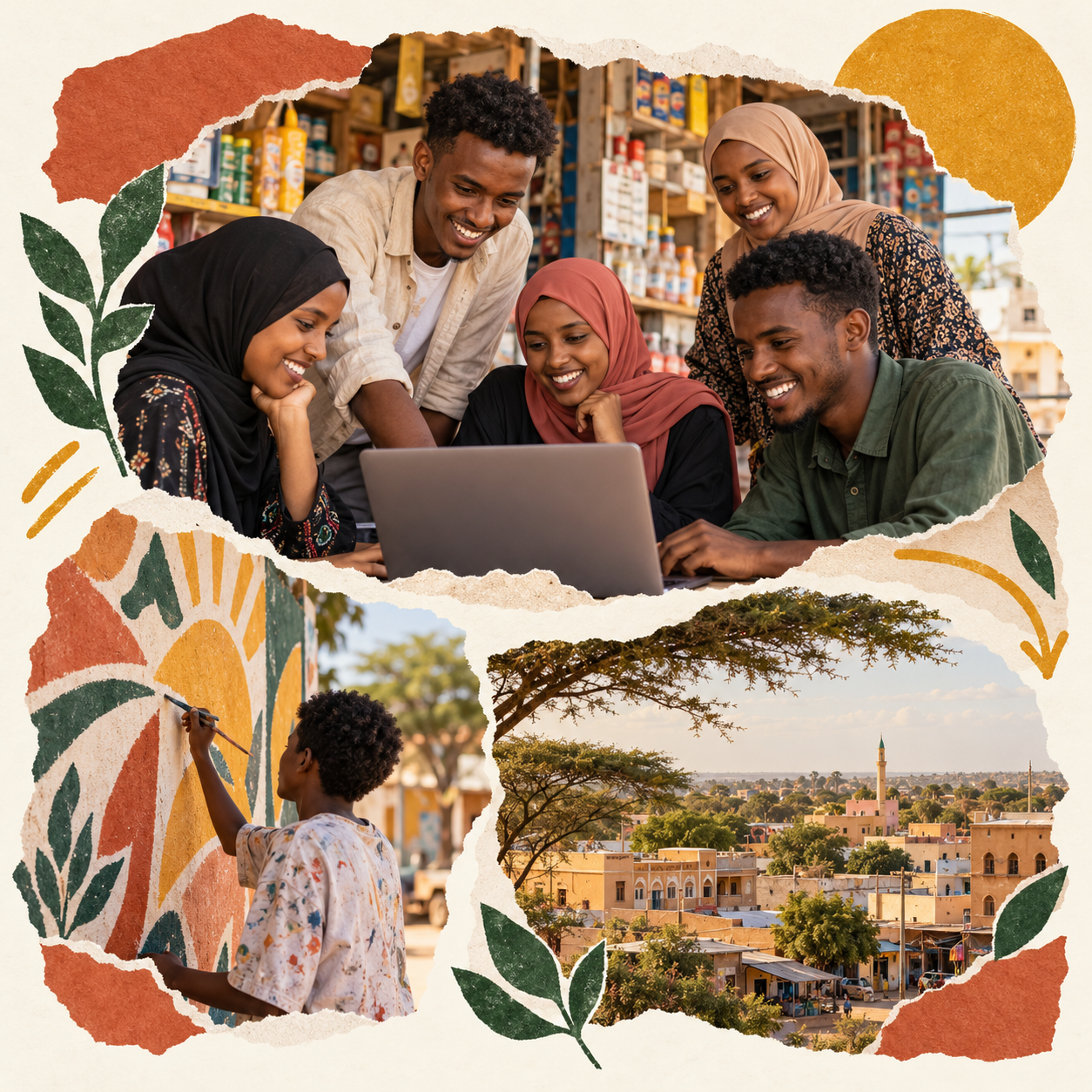 Illustrative collage of youth collaborating in a shop, community art and Kenyan town life